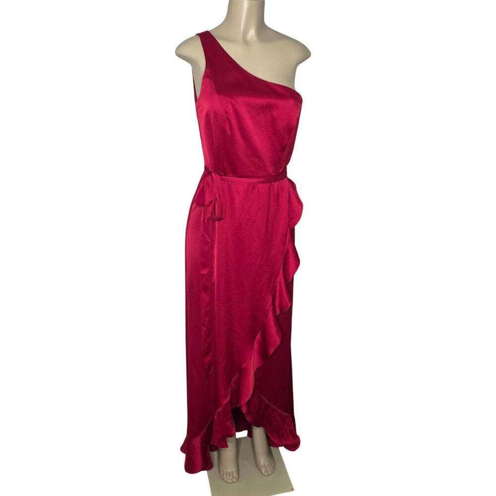 David's Bridal Dress Womens 10 Apple Red Satin One Shoulder Ruffle Maxi Gown